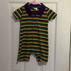 Purple, green, gold stripe romper